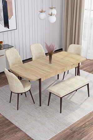 Rovena Marin Meşe 80x132 Açılabilir Suntalam Yemek Odası Takımı 4 Adet Sandalye + 1 Bench