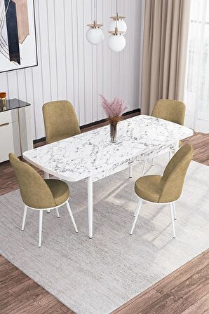 Rovena Marin Beyaz Mermer 80x132 Açılabilir Suntalam Yemek Odası Takımı 4 Adet Sandalye