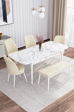 Rovena Marin Beyaz Mermer 80x132 Açılabilir Suntalam Yemek Odası Takımı 4 Adet Sandalye + 1 Bench