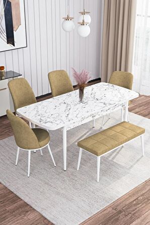 Rovena Marin Beyaz Mermer 80x132 Açılabilir Suntalam Yemek Odası Takımı 4 Adet Sandalye + 1 Bench