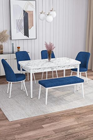 Rovena Marin Beyaz Mermer 80x132 Açılabilir Suntalam Yemek Odası Takımı 4 Adet Sandalye + 1 Bench