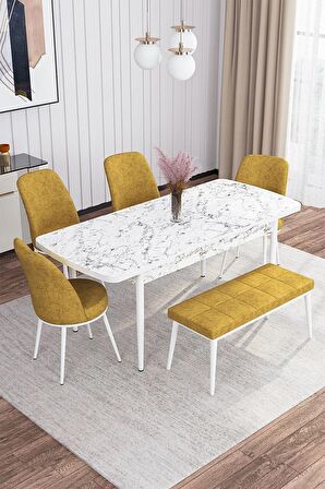 Rovena Marin Beyaz Mermer 80x132 Açılabilir Suntalam Yemek Odası Takımı 4 Adet Sandalye + 1 Bench