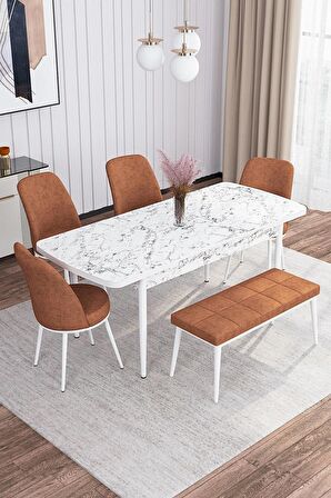 Rovena Marin Beyaz Mermer 80x132 Açılabilir Suntalam Yemek Odası Takımı 4 Adet Sandalye + 1 Bench
