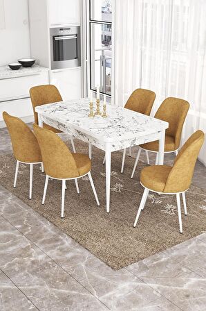 Rovena Marin Beyaz Mermer 80x132 Açılabilir Suntalam Yemek Odası Takımı 6 Adet Sandalye
