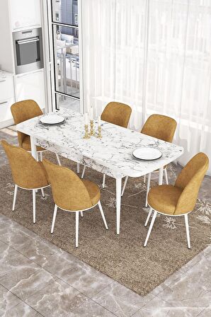 Rovena Marin Beyaz Mermer 80x132 Açılabilir Suntalam Yemek Odası Takımı 6 Adet Sandalye