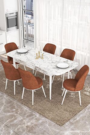 Rovena Marin Beyaz Mermer 80x132 Açılabilir Suntalam Yemek Odası Takımı 6 Adet Sandalye