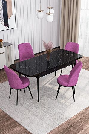 Rovena Marin Siyah Mermer 80x132 Açılabilir Suntalam Yemek Odası Takımı 4 Adet Sandalye