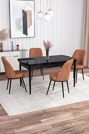 Rovena Marin Siyah Mermer 80x132 Açılabilir Suntalam Yemek Odası Takımı 4 Adet Sandalye