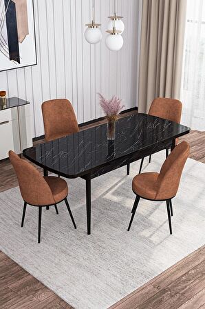 Rovena Marin Siyah Mermer 80x132 Açılabilir Suntalam Yemek Odası Takımı 4 Adet Sandalye