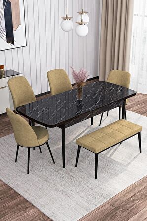 Rovena Marin Siyah Mermer 80x132 Açılabilir Suntalam Yemek Odası Takımı 4 Adet Sandalye + 1 Bench