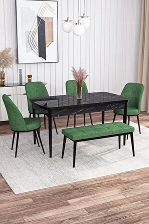 Rovena Marin Siyah Mermer 80x132 Açılabilir Suntalam Yemek Odası Takımı 4 Adet Sandalye + 1 Bench
