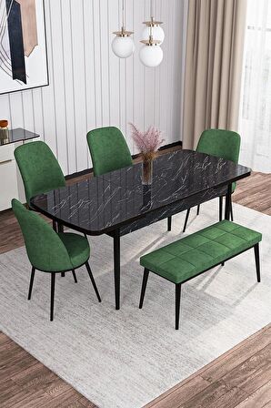 Rovena Marin Siyah Mermer 80x132 Açılabilir Suntalam Yemek Odası Takımı 4 Adet Sandalye + 1 Bench