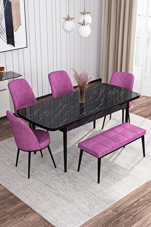 Rovena Marin Siyah Mermer 80x132 Açılabilir Suntalam Yemek Odası Takımı 4 Adet Sandalye + 1 Bench