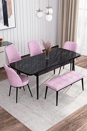 Rovena Marin Siyah Mermer 80x132 Açılabilir Suntalam Yemek Odası Takımı 4 Adet Sandalye + 1 Bench