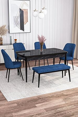 Rovena Marin Siyah Mermer 80x132 Açılabilir Suntalam Yemek Odası Takımı 4 Adet Sandalye + 1 Bench