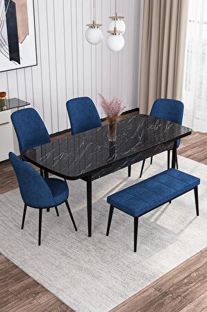 Rovena Marin Siyah Mermer 80x132 Açılabilir Suntalam Yemek Odası Takımı 4 Adet Sandalye + 1 Bench