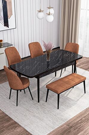 Rovena Marin Siyah Mermer 80x132 Açılabilir Suntalam Yemek Odası Takımı 4 Adet Sandalye + 1 Bench