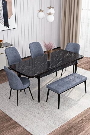 Rovena Marin Siyah Mermer 80x132 Açılabilir Suntalam Yemek Odası Takımı 4 Adet Sandalye + 1 Bench