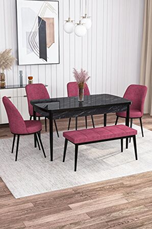 Rovena Marin Siyah Mermer 80x132 Açılabilir Suntalam Yemek Odası Takımı 4 Adet Sandalye + 1 Bench