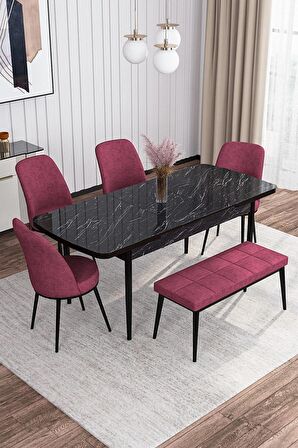 Rovena Marin Siyah Mermer 80x132 Açılabilir Suntalam Yemek Odası Takımı 4 Adet Sandalye + 1 Bench