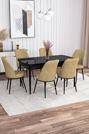 Rovena Marin Siyah Mermer 80x132 Açılabilir Suntalam Yemek Odası Takımı 6 Adet Sandalye