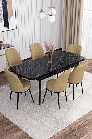 Rovena Marin Siyah Mermer 80x132 Açılabilir Suntalam Yemek Odası Takımı 6 Adet Sandalye