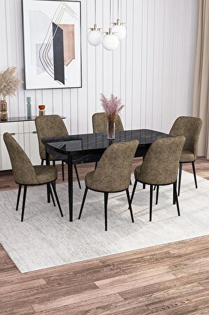 Rovena Marin Siyah Mermer 80x132 Açılabilir Suntalam Yemek Odası Takımı 6 Adet Sandalye