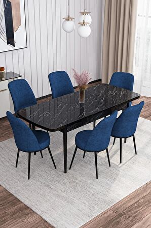 Rovena Marin Siyah Mermer 80x132 Açılabilir Suntalam Yemek Odası Takımı 6 Adet Sandalye