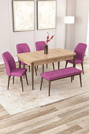 Rovena Zayn Meşe 80x132 Açılabilir Suntalam Yemek Odası Takımı 4 Adet Sandalye + 1 Bench