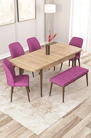Rovena Zayn Meşe 80x132 Açılabilir Suntalam Yemek Odası Takımı 4 Adet Sandalye + 1 Bench