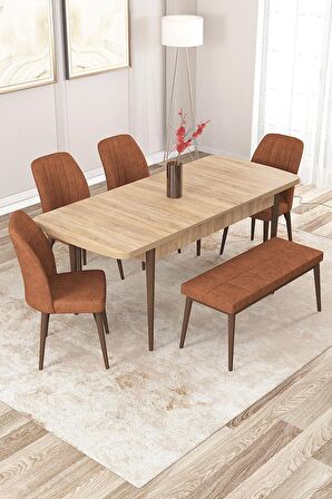 Rovena Zayn Meşe 80x132 Açılabilir Suntalam Yemek Odası Takımı 4 Adet Sandalye + 1 Bench