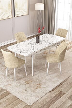 Rovena Zayn Beyaz Mermer 80x132 Açılabilir Suntalam Yemek Odası Takımı 4 Adet Sandalye