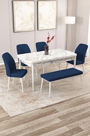 Rovena Zayn Beyaz Mermer 80x132 Açılabilir Suntalam Yemek Odası Takımı 4 Adet Sandalye + 1 Bench