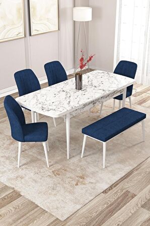 Rovena Zayn Beyaz Mermer 80x132 Açılabilir Suntalam Yemek Odası Takımı 4 Adet Sandalye + 1 Bench