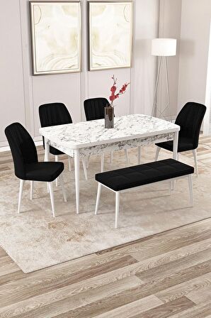 Rovena Zayn Beyaz Mermer 80x132 Açılabilir Suntalam Yemek Odası Takımı 4 Adet Sandalye + 1 Bench