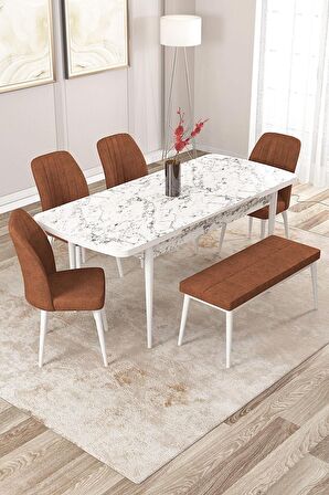 Rovena Zayn Beyaz Mermer 80x132 Açılabilir Suntalam Yemek Odası Takımı 4 Adet Sandalye + 1 Bench