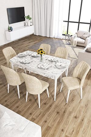 Rovena Zayn Beyaz Mermer 80x132 Açılabilir Suntalam Yemek Odası Takımı 6 Adet Sandalye