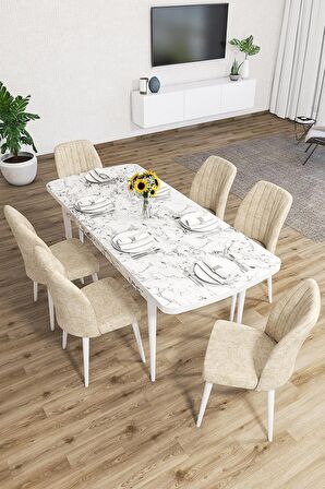 Rovena Zayn Beyaz Mermer 80x132 Açılabilir Suntalam Yemek Odası Takımı 6 Adet Sandalye