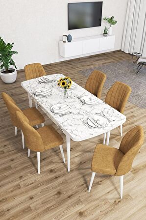 Rovena Zayn Beyaz Mermer 80x132 Açılabilir Suntalam Yemek Odası Takımı 6 Adet Sandalye