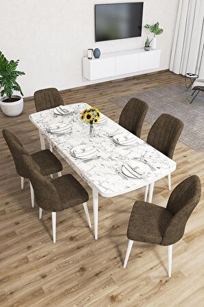 Rovena Zayn Beyaz Mermer 80x132 Açılabilir Suntalam Yemek Odası Takımı 6 Adet Sandalye