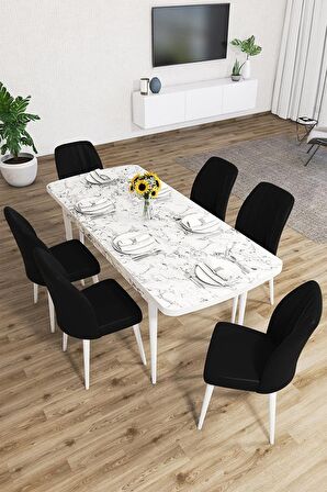 Rovena Zayn Beyaz Mermer 80x132 Açılabilir Suntalam Yemek Odası Takımı 6 Adet Sandalye
