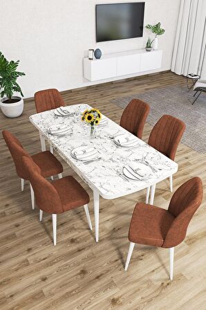 Rovena Zayn Beyaz Mermer 80x132 Açılabilir Suntalam Yemek Odası Takımı 6 Adet Sandalye