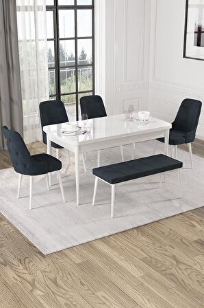 Rovena Alya Beyaz 80x132 Açılabilir Mdf Mutfak Masası Takımı 4 Adet Sandalye+1 Bench