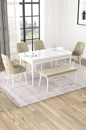 Rovena Alya Beyaz 80x132 Açılabilir Mdf Mutfak Masası Takımı 4 Adet Sandalye+1 Bench