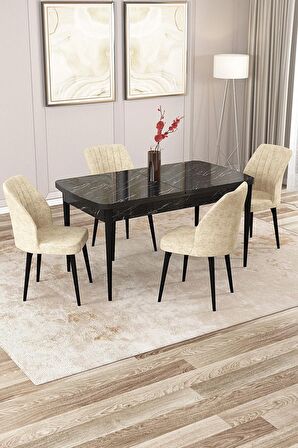 Rovena Zayn Siyah Mermer 80x132 Açılabilir Suntalam Yemek Odası Takımı 4 Adet Sandalye