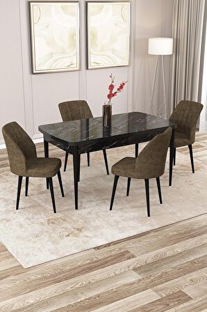 Rovena Zayn Siyah Mermer 80x132 Açılabilir Suntalam Yemek Odası Takımı 4 Adet Sandalye