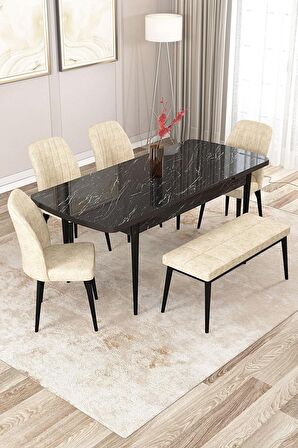 Rovena Zayn Siyah Mermer 80x132 Açılabilir Suntalam Yemek Odası Takımı 4 Adet Sandalye + 1 Bench