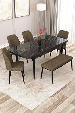 Rovena Zayn Siyah Mermer 80x132 Açılabilir Suntalam Yemek Odası Takımı 4 Adet Sandalye + 1 Bench
