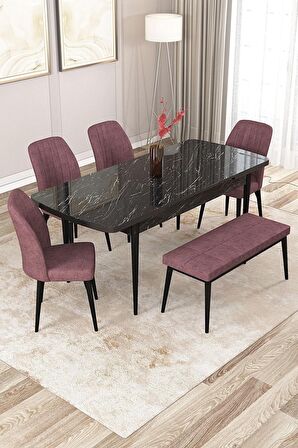 Rovena Zayn Siyah Mermer 80x132 Açılabilir Suntalam Yemek Odası Takımı 4 Adet Sandalye + 1 Bench
