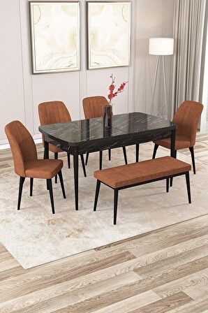 Rovena Zayn Siyah Mermer 80x132 Açılabilir Suntalam Yemek Odası Takımı 4 Adet Sandalye + 1 Bench